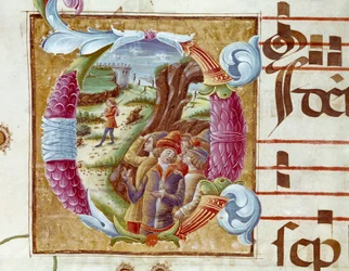Representation av Josef och hans bröder Detalj av en brevlåda i ett antifonarium (Antiphonarium II) från 1400-talet. Cremone, Biblioteca governativa Italien
