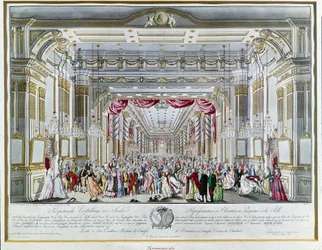 Föreställning av "La clemenza di Tito" (Titus mildhet) av Wolfgang Amadeus Mozart (1756-1791) vid kröningsfesten för kejsar Leopold II av Österrike (1747-1792) till kung av Böhmen 1791, på teatern vid Kungliga gatan i Prag. Prags museum