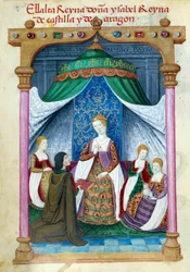 Representation av drottning Isabella av Portugal Isabella av Aragon (1271-1336) omgiven av sina följeslagare och Pedro Marcuello som erbjuder henne sin bok. Manuskriptsida hämtad från "" Collection of devotion of Queen Joan the Folle (1479-1555) of Spain""