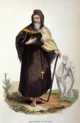 Representation av Sankt Antonius den store, egyptisk anachoret (251 - 356), grundare av kristen eremitism och Sankt Paulus av Thebe (han skulle ha föregått Sankt Antonius i Thebaide). Gravyr av 1800-talet.
