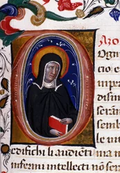 Representation av Saint Claire (Chiara) av Assisi (ca 1192-1253), grundare av Clares religiösa orden. Miniatyr från ett 1400-talsmanuskript.