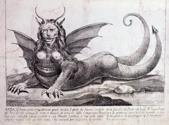 Representation av en harpy, ett monster som finns i en peruansk sjö: den har ett mänskligt ansikte, horn, drakvingar, en man av ett lejon, en reptilkropp, en kvinnas bröst (tryck 1784)