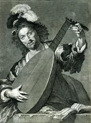 Representation av en lutspelare som stämmer sitt instrument.