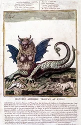 Representation av ett monster som hittats i en Perou-sjö: det har ett mänskligt ansikte, horn, drakvingar, en lejonman, en reptilkropp, en kvinnas bröst. Populärt 1700-talstryck.