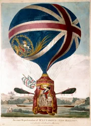 Representation av en ny ballong av Vincenzo Lunardi den 13/05/1785, han var den första som flög över England 1783. Duken på aerostaten är dekorerad av Union Jack. Gravyr omkring 1785. Privat samling