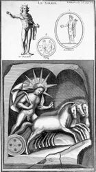 Representation av solen och Apollo. Bilder hämtade från antika representationer. Gravyr 1800-talet.