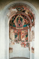 Framställning av Jungfrun med barnet omgiven av de tre vise männen. Fresk från den centrala absiden i kyrkan Santa Maria i Taüll. Omkring 1123. Barcelona. Kataloniens nationella konstmuseum