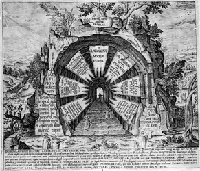 Representation av ingången till House of Mysteres, symbolisk för evigt liv. Gravyr av "Amphitheatrum sapientiae aeternae". (Amphitheatre of eternal visdom) [Hamburg: s.n.