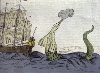 Representation av havsormen som den norske missionären Hans Egede (1686-1758) såg under sin resa till Grönland. Gravyr av 1700-talet
