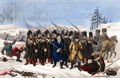 Tillbakadragen från den franska armén i Moskva 1812. Gravyr 1800-talet.