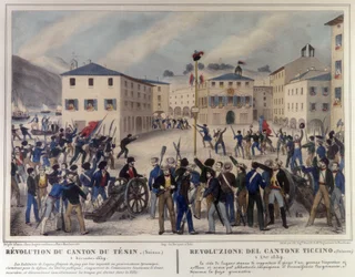 Revolution av kantonen Ticino i Schweiz den 5 december 1859. Gravyr av 1800-talet.