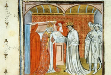 Robert II den fromme (ca. 972-1031) - Belysning av manuskript på velin från medeltiden "" Grands Chronicles of Saint-Denis"" sent 1300-tal (ref. 512)