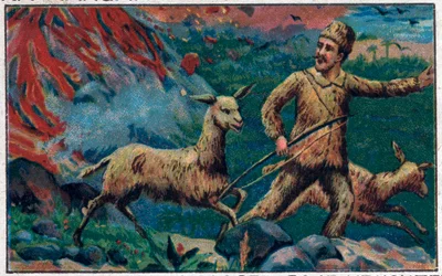 Robinson flyr från en vulkanisk explosion. Illustration till boken av Daniel Defoe (De foe) "" Robinson Crusoe"". Kromolitografi från slutet av 1800-talet.