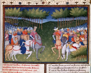 Roman av Ogier den danske: kampen mellan två miniatyrryttare från "" Chronicle of Bertrand du Guesclin"" (Ms 490) 1405 Musee Conde, Chantilly