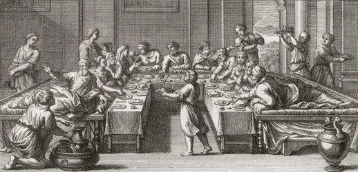 Romerskt triclinium, eller matsal, med bord och vilobäddar
