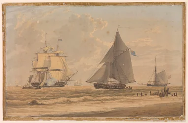 Segelfartyg från Royal Navy vid kusten, tidigt 1800-tal (akvarell)