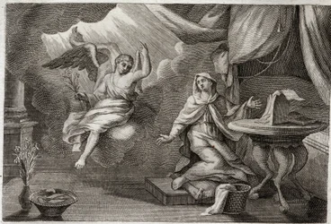 Royaumont Bibeln, Nya testamentet: Jungfruns bebådelse. Ärkeängeln Gabriel har kommit för att överlämna ett budskap till Maria. Illustration från 1811.