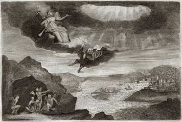 Royaumont Bibeln, Nya testamentet: Uppenbarelsebokens femte och sjätte trumpet. Gräshoppor och de fyra änglarna. Illustration från 1811.