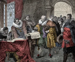 Rudolf II beviljar majestätsbrevet - Kejsar Rodolf II av Österrike (1552-1612) beviljar majestätsbrevet 1609 (religiös frihet till kungariket Boheme)
