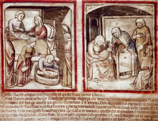 Rut föder Obed (Obeth) son till Boaz (Boaz) miniatyr från Codex 212 (eller Padovan Codex eller Bible of Padua) 1390-1400 Rovigo, Accademia dei Concordi