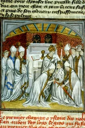 Ludvig VI:s kröning (1108) - Illumination ur det medeltida pergamentmanuskriptet ”De stora krönikorna från Saint-Denis”, slutet av 1300-talet (ref. 512)