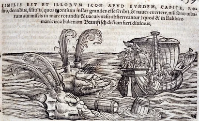 Sjömän kastar tunnor i havet för att distrahera monster i jakten. Gravyr i "Historia Animalium" av Conrad Gesner (1516-1565), Tiguri