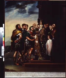 Saint Ambrose and the Emperor Theodosius I (Saint Ambrose and the Emperor Theodosius). Exkommunikation av Theodosius I (Flavius ​​​​Theodosius eller Theodosius den store (347-395), romersk kejsare från 379 till 395) av Ambrosius av Milano (Aurelius Ambrosi