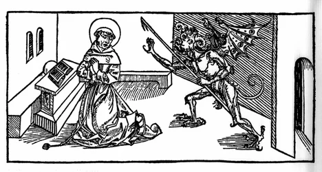 Sankt Antonius den store (eller Sankt Antonius Eremiten eller Sankt Antonius abbe) frestad av demonen. Gravyr från "Leben der Heiligen - sommerteil" (Helgonets bok) av Jacobus (James) av Voragine (1228-1298). Lübeck 1488.