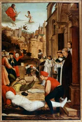 Saint Francois ber under en pestepidemi under begravningen av döda kroppar. Anonym målning