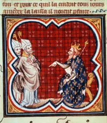 Saint Gregoire archaic av torn (538-594) och Saint Salvius (Salve) eveque av Albi fördömer kätteri av Chilperic I (539-594). Miniatyr i "" Grandes Chronicles de France. Grandes Chronicles de France de Charles V” (folio 41v), oidentifierad författare (ca