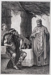 Saint Gregoire of Tours (538-594) mot Chilperic I (539-584) kung av Neustrien.