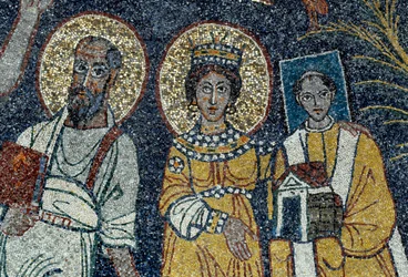 Saint Paul, Saint Cecile och Saint Pascal Detalj av Kristus och sex helgon. Anonym mosaik, 821. Rom Basilica di Santa Cecilia in Trastevere