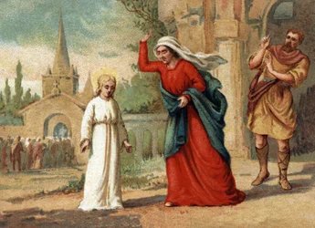 Sainte Genevieve (422-502), skyddshelgon för Paris misshandlad av sin mor. Kromolitografi omkring 1890.