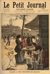 Försäljare av soppa och mjölkkaffe, hålls under cocheres dörrar kl. 06.00 för utomhusfrukost för parisiska arbetare. Gravyr i "" Le petit journal"" 1895-07-14. Selvas samling.