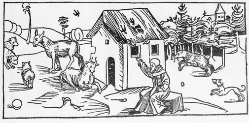San Marinus. Gravyr ur "De heligas liv - sommardelen" (Helgonets bok) av Jacobus (James) från Voragine (1228-1298). Lübeck 1488.