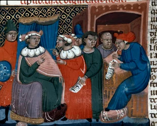 Scene of Process Miniature hämtad från Justinian Code (Codex Justinianus), en samling lagar och institutioner publicerade under den romerske kejsaren Justinian I av Bysans (483-565)