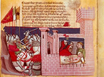 Scen för slaget vid Roncesvaux 778. Slaget mellan Karl den Stores armé och saracenerna där riddaren Roland dödades. Han är en representant till höger. Miniatyr från kodexen "The Entrée d