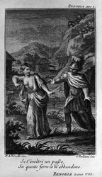 Scen i första akten av "" Zenobia"" (Zenobie), opera av kompositören Niccolo Vito Piccinni (eller Piccini) (1728-1800) (1756) efter ett libretto av Pietro Metastasio (Metastase). Gravyr från slutet av 1700-talet