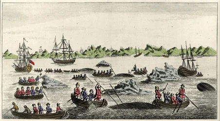 Scen för valfiske på Grönland på 1700-talet, anonymt populärtryck från perioden