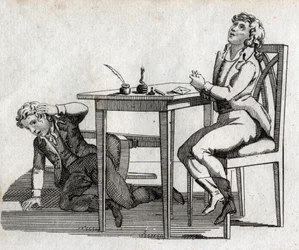 Skolelever har ett bord med inkcrib. Gravyr sent 1700-tal. Privat samling.