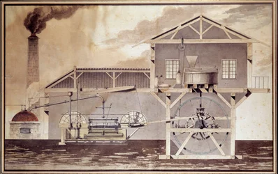 Vetenskap och teknik: "" En ångmaskin, skär en mjölkvarn"" Teckning av Edouard Bury. 1796. Paris, Conservatoire National des Arts et Metiers