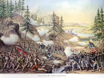 Secession War (1861 - 1865) eller American Civil Giuerre: 24-25/11/1863: efter två dagars strid vid Chattanooga, Tennessee, seger för den norra armén under kommando av general Rosecrans. Gravyr.
