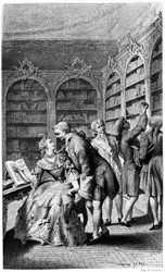Förföringsscen i ett bibliotek på 1700-talet.