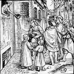 Studentserenad (musiker), Basel, ca 1500 - gravyr, Bibl.