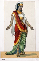 Serie kromolitografier av operakostymer med anledning av den första representationen av Aida av Giuseppe Verdi: Aida. 1872
