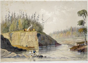 Nybyggare i Kanada fiskar i en flod - i "" Skisser på nipisaguit en flod i New Brunswick i Amerika"" av William Hickman, red. Halifax
