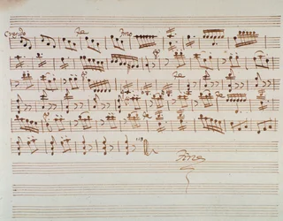 Notblad för den första fiolen i invigningen av Mithridate, King of the Pont, opera av Mozart (1770)