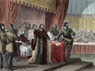 Underskrift av "" den stora stadgan"" av kung John Sans Terre (1167-1216) ("" Magna Carta") till Runnymede den 15 juni 1215"