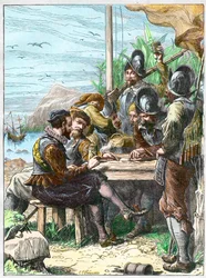 Sir Walter Raleigh på Trinidad, får information från de spanska soldaterna angående Guyana, 1595. - Expedition av Walter Raleigh