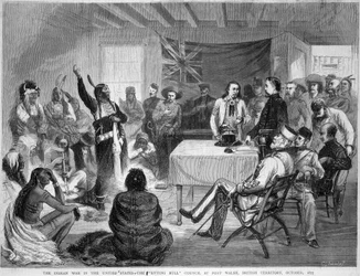 Sitting Bull and Buffalo Bill: Sitting Bull Council i Fort Walsh, brittiskt territorium, under kriget med indianerna, oktober 1877